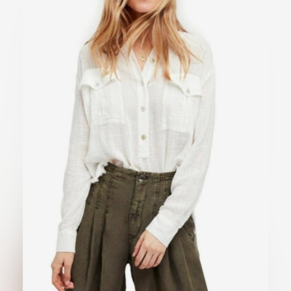 Free People Talk To Me White Frayed- Hem Shirt.